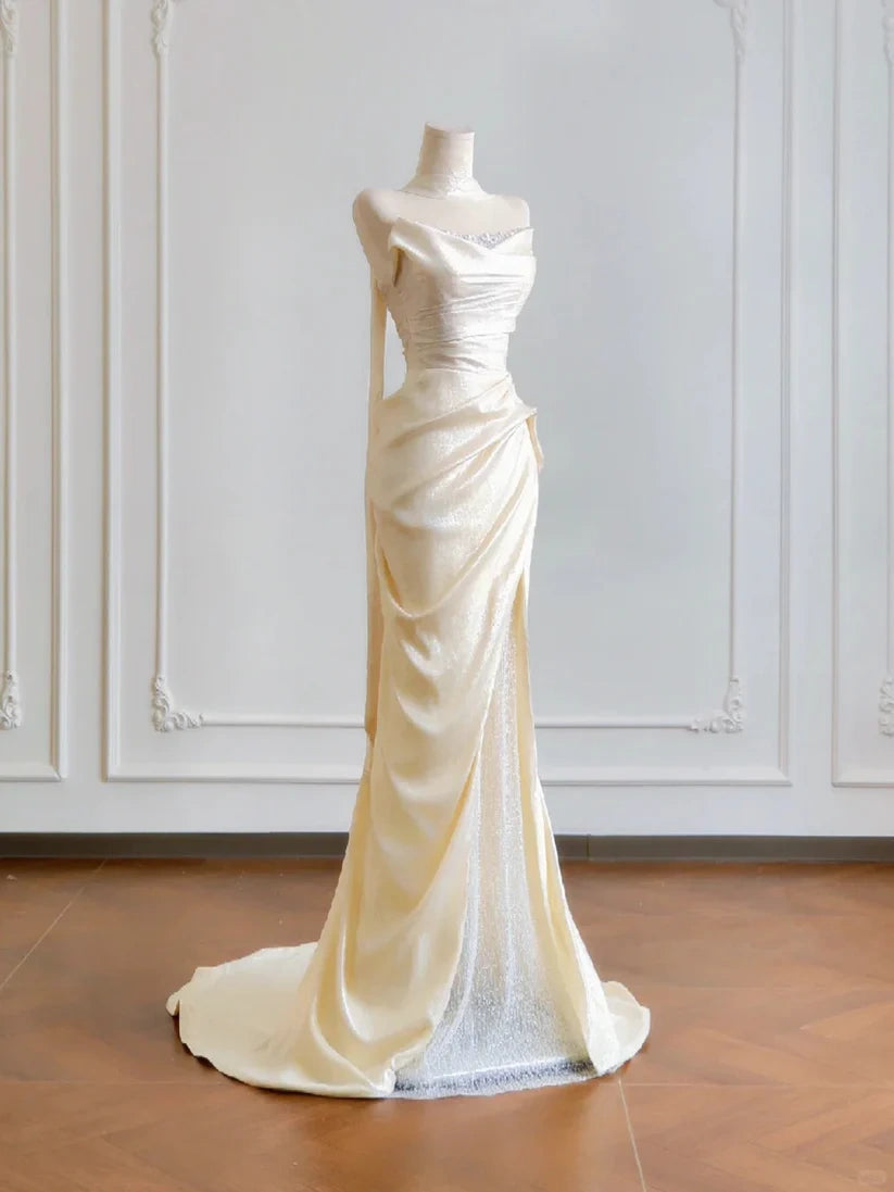 Girlhomeshops--✨Cream yellow long satin prom dress gh5480