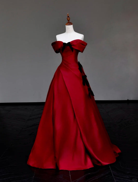 Girlhomeshops -Red bow long satin prom dress evening dress party dress gh5115