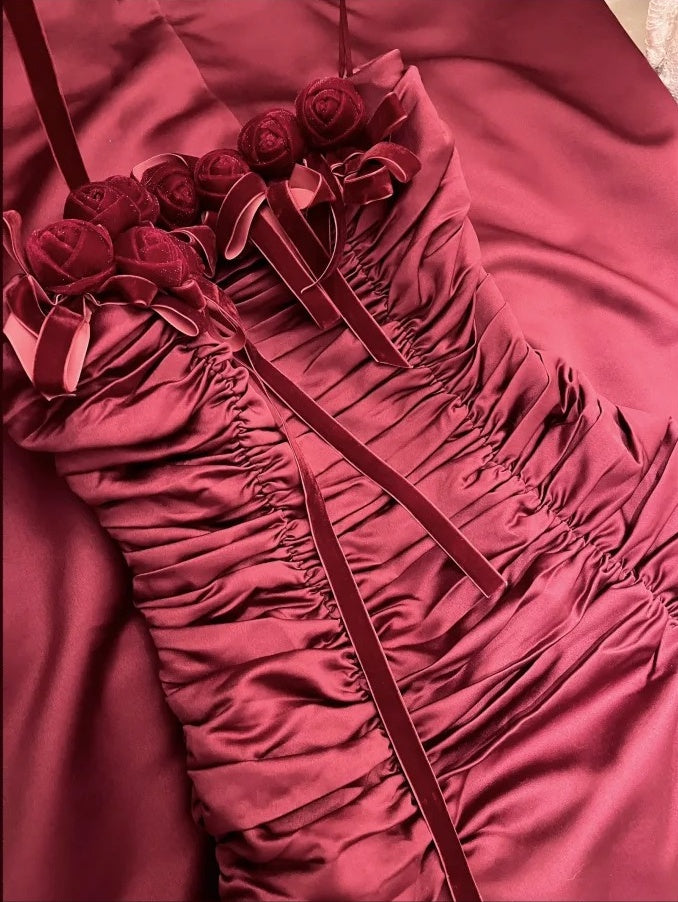 Burgundy Vintage Floral Long Satin Prom Dress Birthday Party Dress Evening Dress gh4412