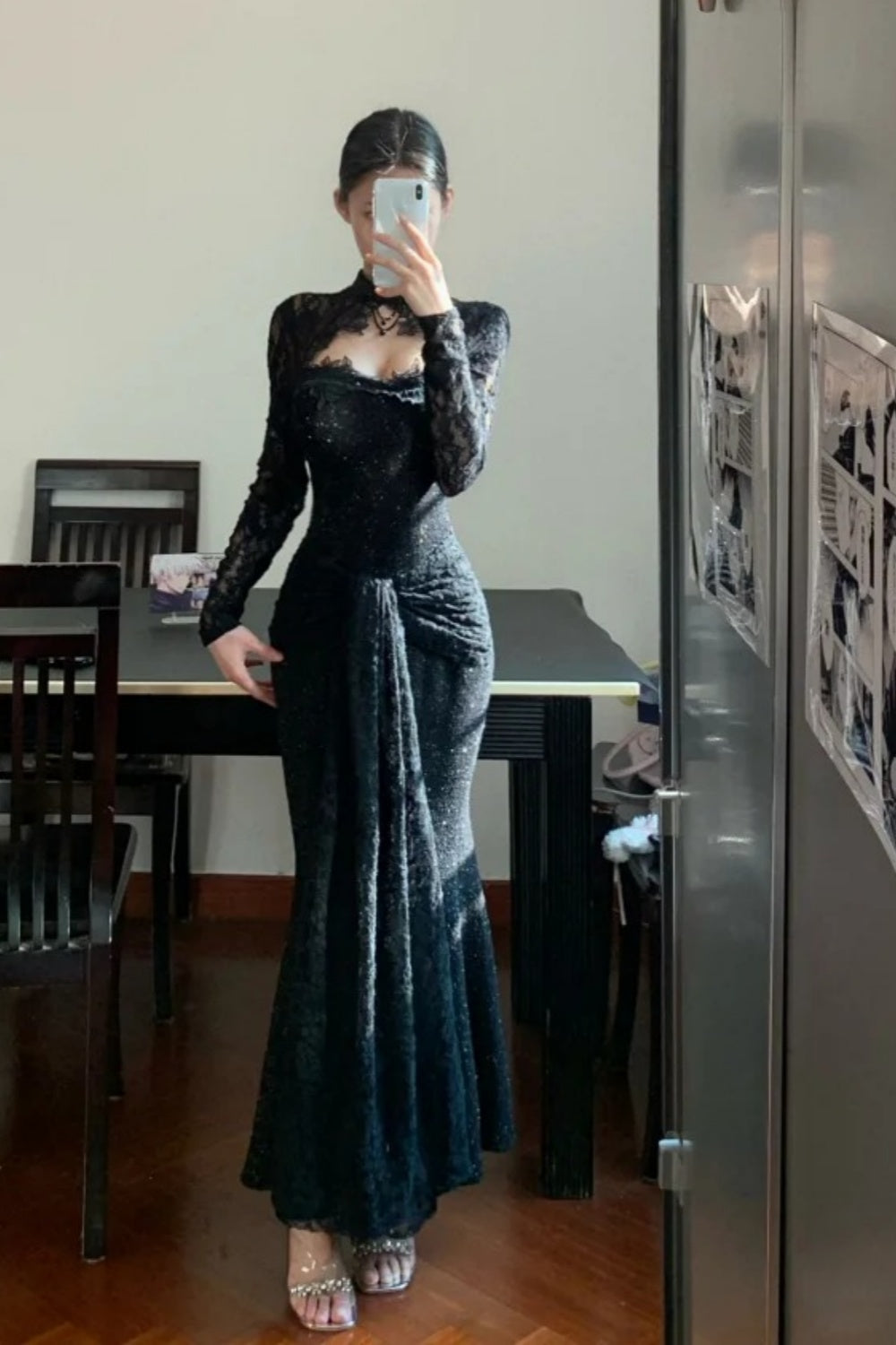 Robe de bal longue et élégante en dentelle exquise noire à manches longues, modèle gh6629