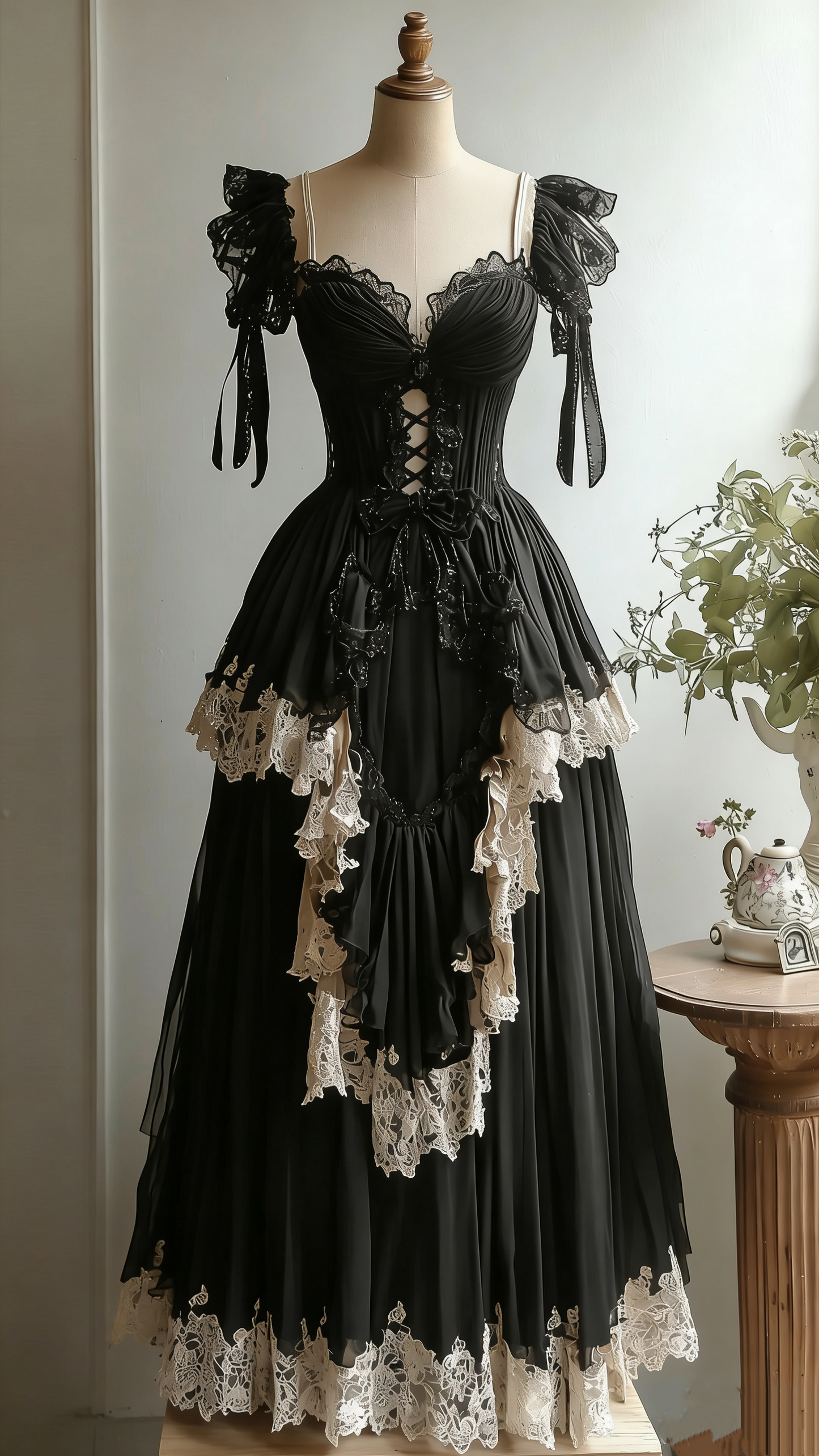 Dark Gothic Style Black Tulle & Cream Lace Lace-Up Ballgown - Witch Theme Party & Lolita Tea Dress gh6554
