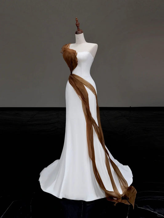 Girlhomeshops -White simple brown ribbon long satin prom dress evening dress party dress gh5119