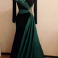 Emerald Satin & Black Velvet Long-Sleeve Beaded Formal Evening Gown gh6391