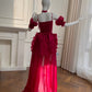 girlhomeshops-Burgundy Satin Spaghetti-Strap Puff-Sleeve Train Gown  gh6383