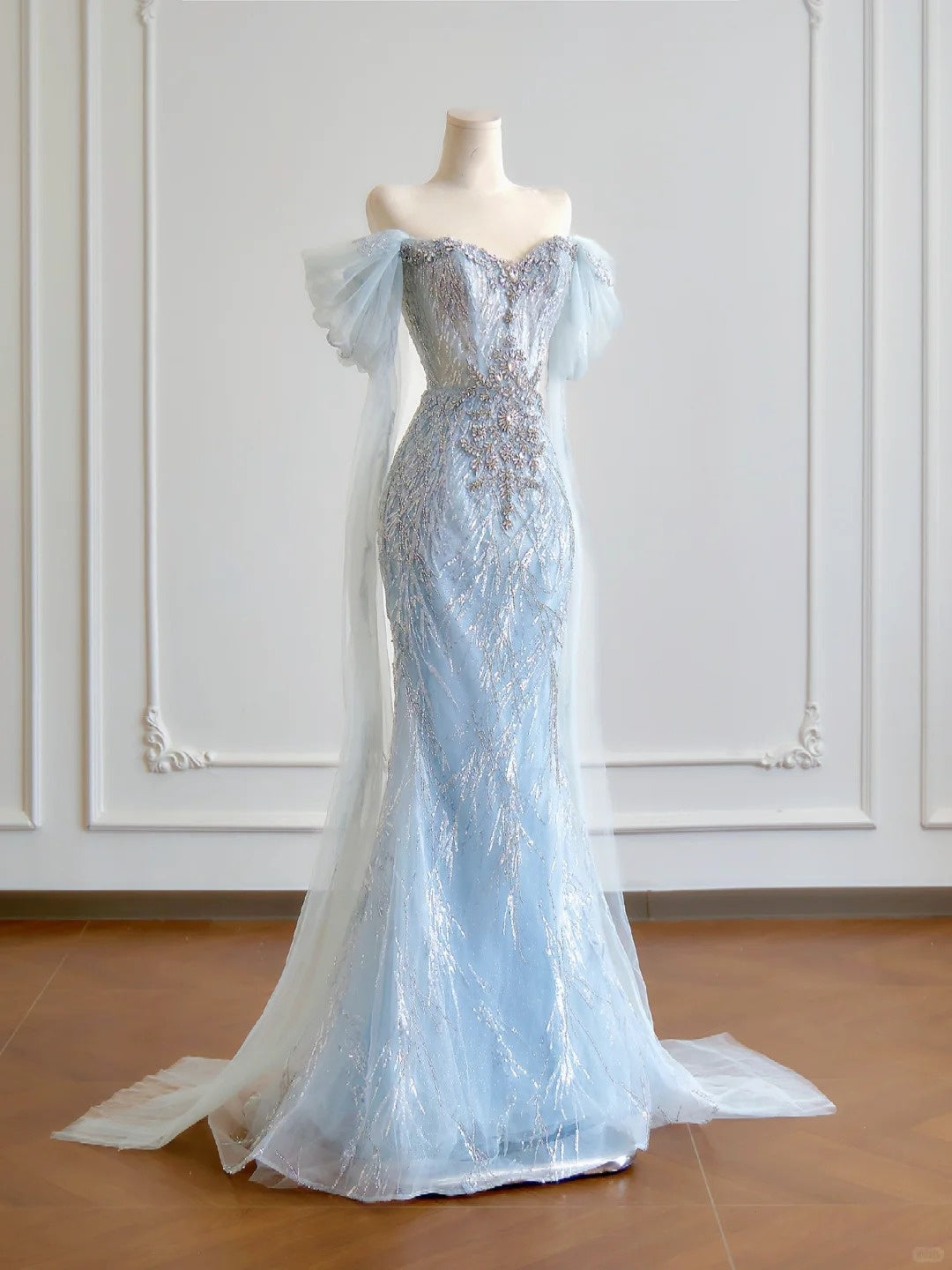 Girlhomeshops – Wunderschönes, blaues, exquisites, langes, mit Perlen besetztes Tüll-Ballkleid gh5485