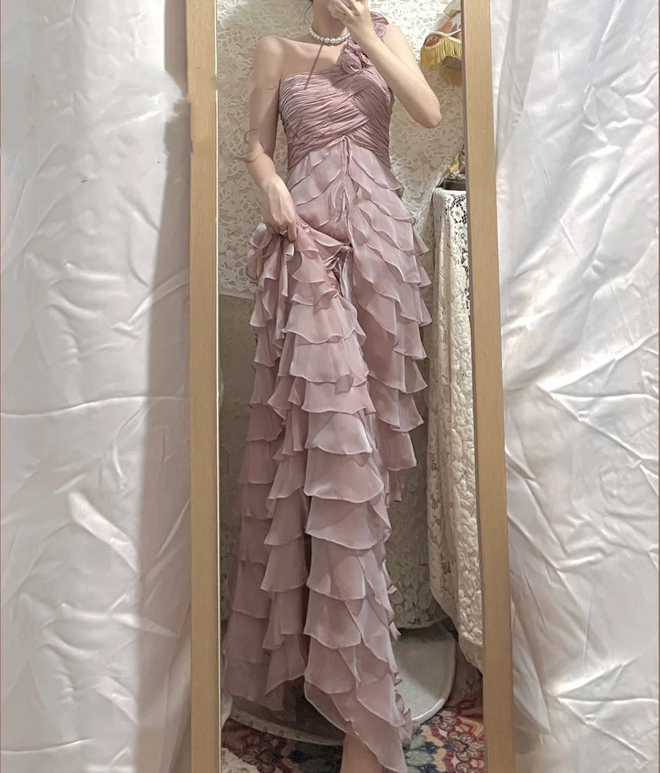 Robe de soirée longue élégante en mousseline de soie, motif floral lilas, robe de demoiselle d'honneur, gh4463