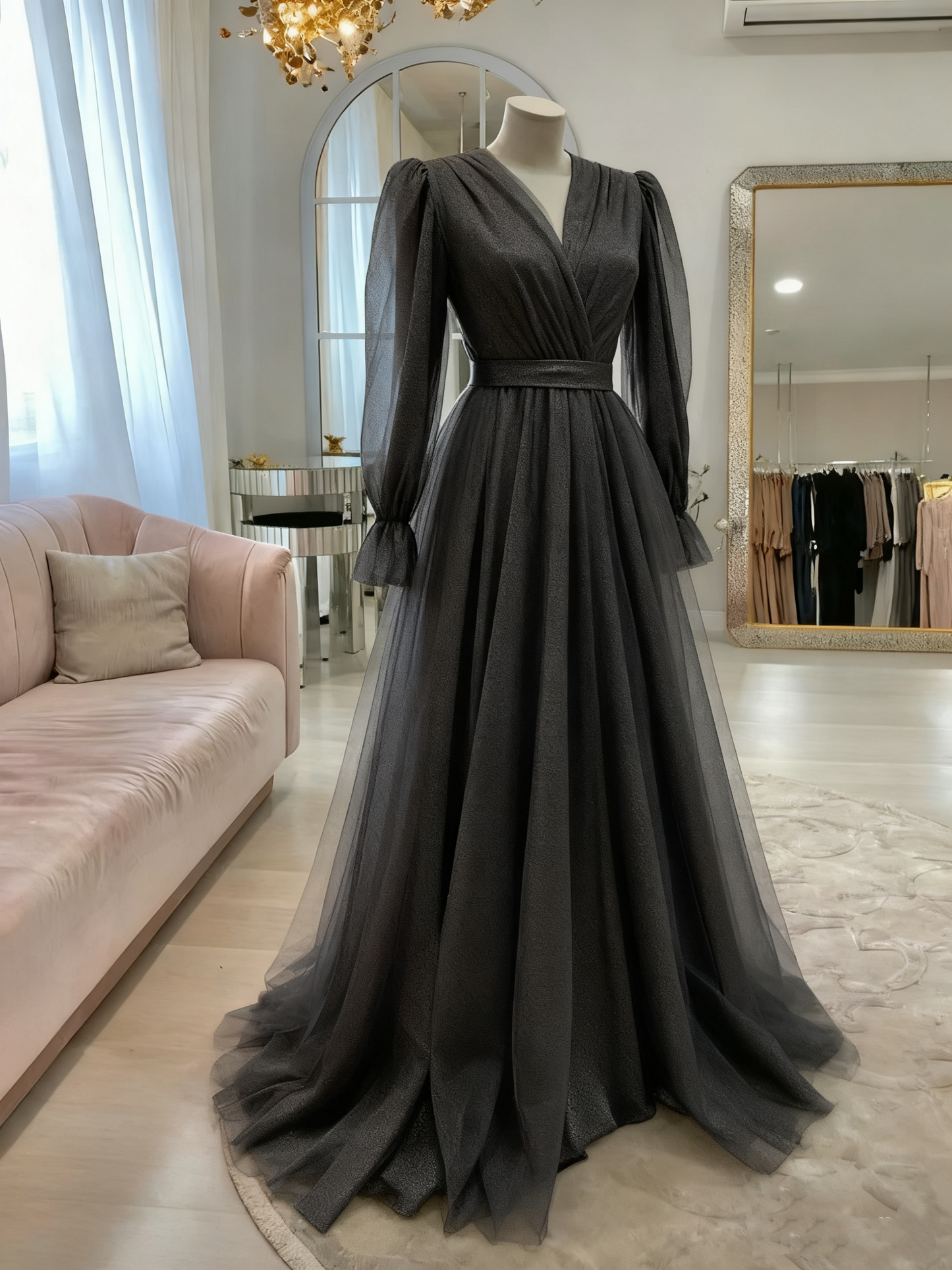 High Quality Pink Simple Elegant Long Sleeve Tulle Long Evening Dress, Ball Gown, Wedding Dress, Wedding Guest Dress,Gala Dress Gh2215