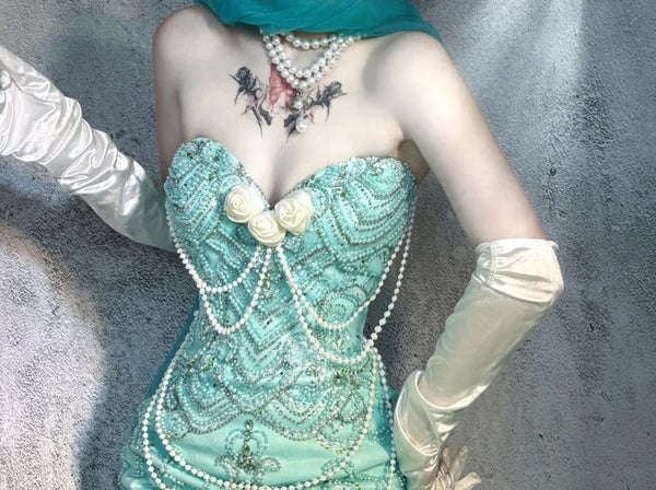 Robe de soirée longue en satin bleu, magnifique et exquise, avec perles, gh4502