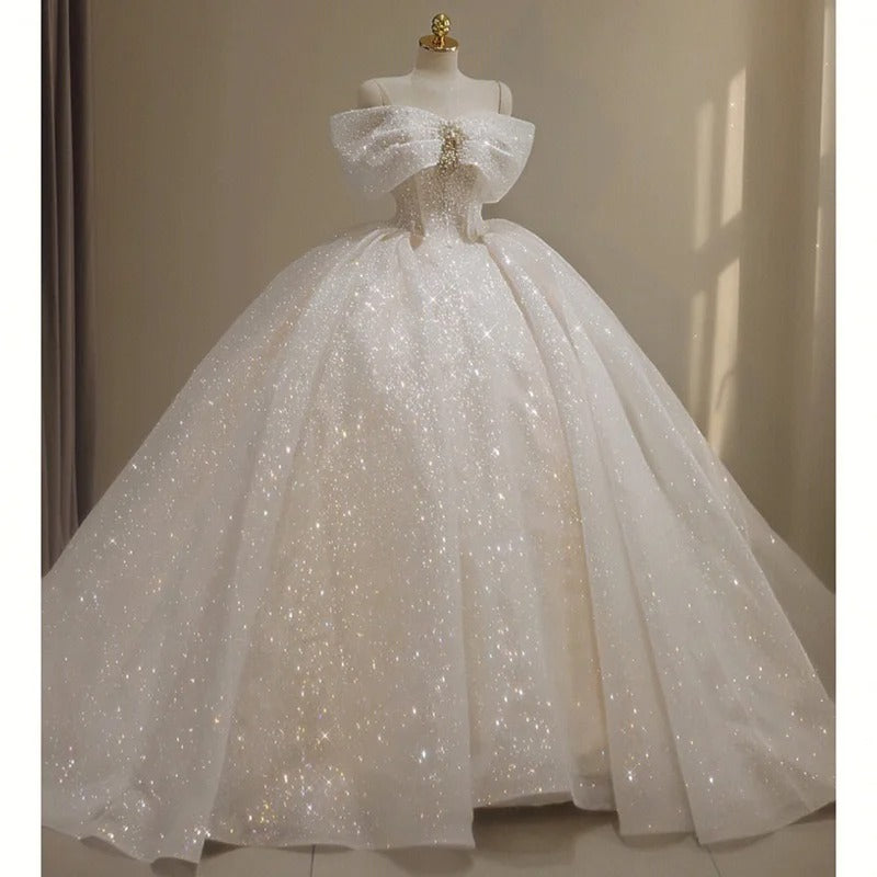 Girlhomeshops - Robe de bal élégante en dentelle blanche, magnifique, épaules dénudées, nœud, décoration en perles étoilées et sol, robe de mariée exquise gh5312