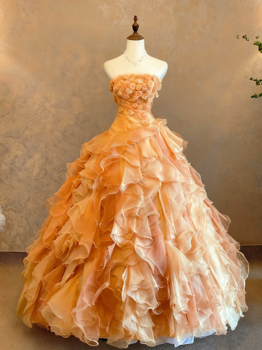 girlhomeshops-Orange-Pink Gradient Tulle Strapless 3D Flower-Embellished Floor-Length Court-Style Gown gh6363