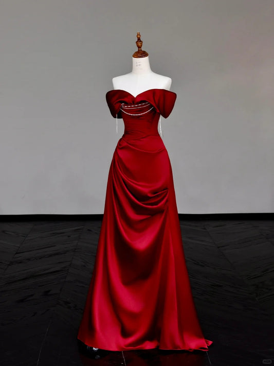 Girlhomeshops -Red pearl beaded long satin prom dress evening dress party dress gh5114
