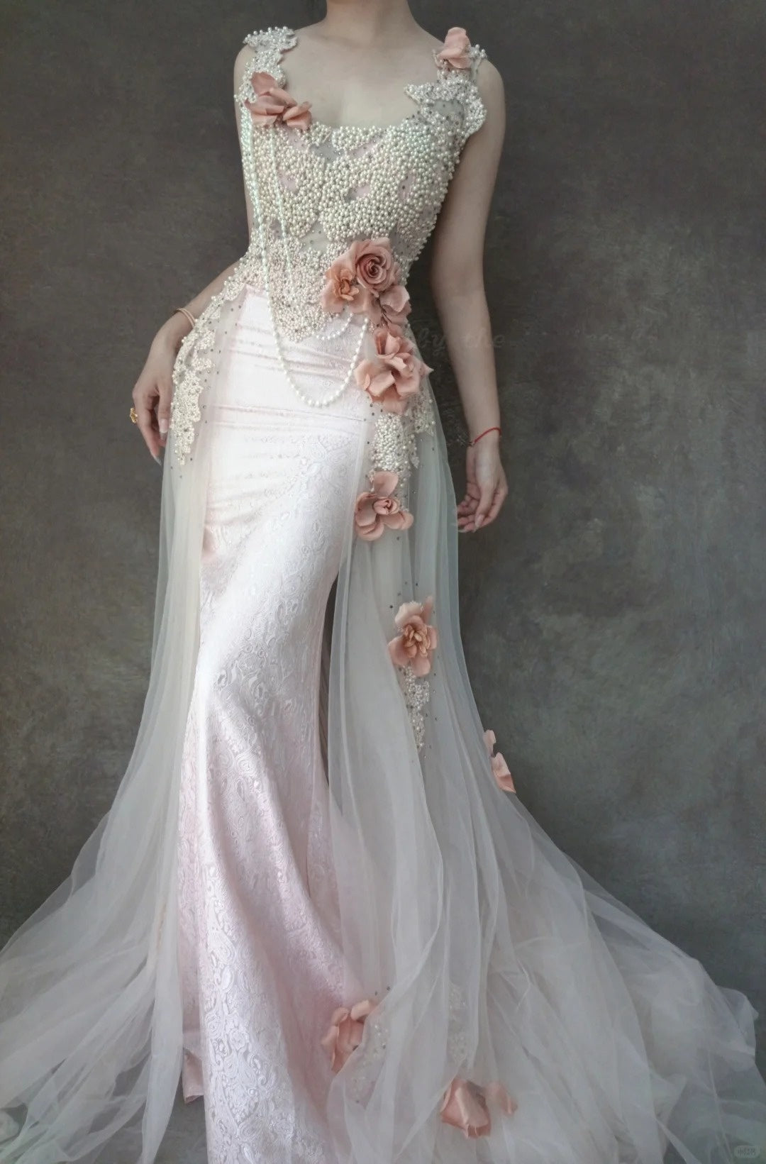 Pink Beaded Gorgeous Long Lace Tulle Mermaid Slim Ball Gown Evening Dress Party Dress gh4706