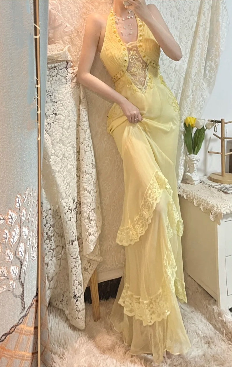 Robe de soirée longue en mousseline de soie, élégante et perlée, jaune, gh4467