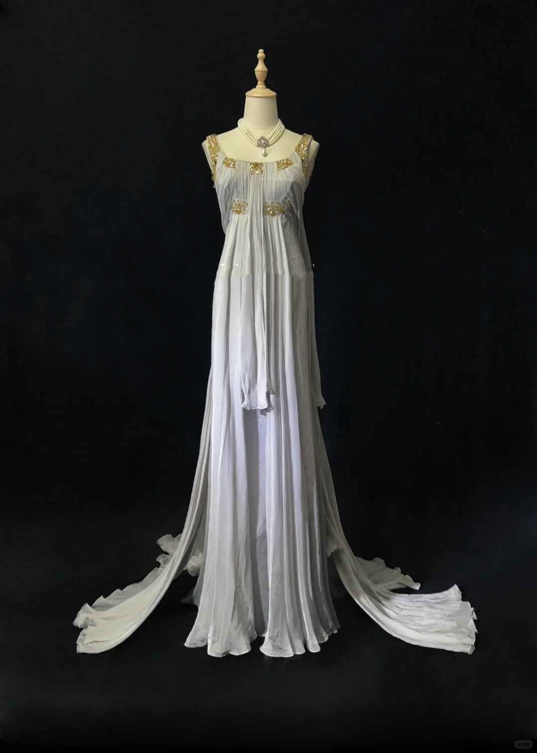 White Vintage Ancient Greek Goddess Gorgeous Sparkling Elegant Exquisite Gold Rhinestone Beads Tulle Long Mermaid Floor Length Trail Slim Fairy Ball Gown Evening Gown Party Dress Prom Gown gh3852