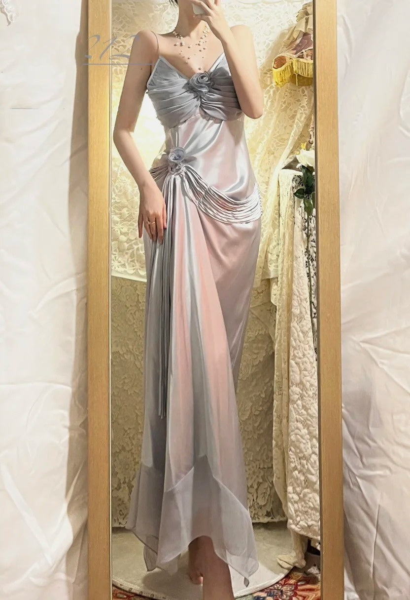 Graublaues langes Ballkleid aus Satin mit Blumenmuster, Abendkleid, Abschlusskleid gh4508
