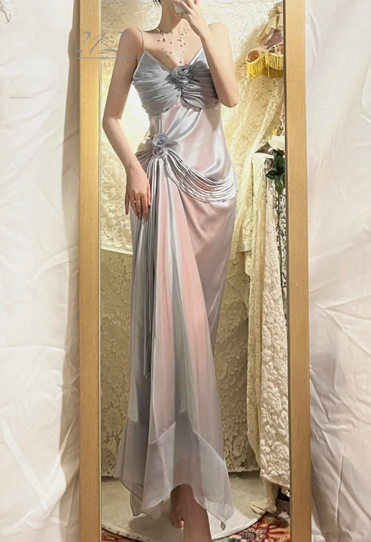 Robe de bal longue en satin à fleurs gris bleu, robe de soirée, robe de remise de diplôme gh4508