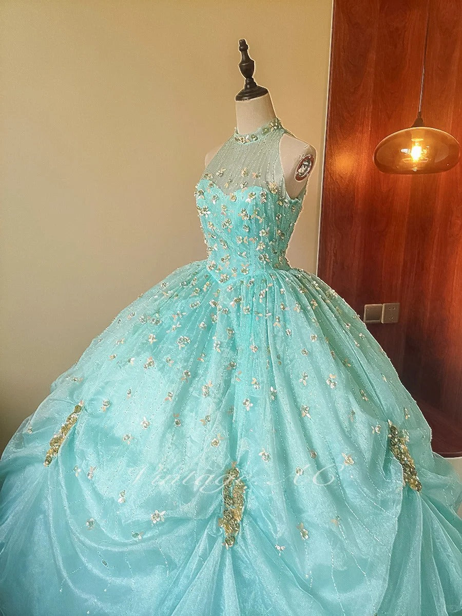 Girlhomeshops - Mintgrünes, glitzerndes, perlenbesetztes, florales, langes, bodenlanges Tüll-Ballkleid gh5300