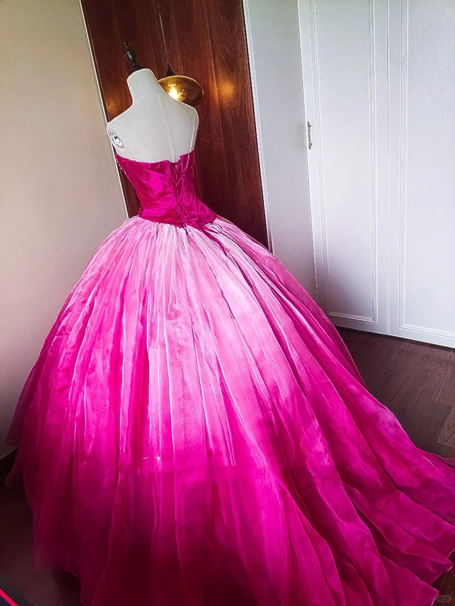Girlhomeshops - Rosa, modisches, perlenbesetztes, langes, bodenlanges Tüll-Ballkleid, Ombre-Muster, gh5301