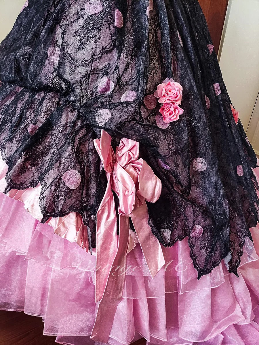 Girlhomeshops - Rosa Blumenspitze Tüll Bodenlanges Ballkleid gh5302