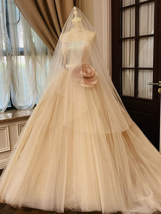 Girlhomeshops - Robe bustier princesse couleur champagne en tulle avec fleurs tridimensionnelles, robe de mariée longue en tulle, robe de bal gh5439