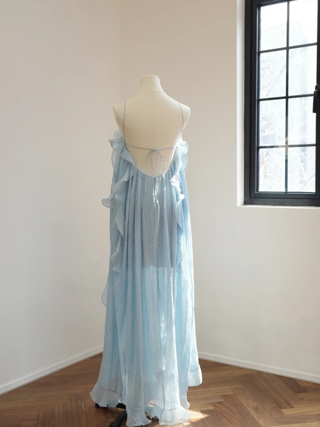 Girlhomeshops-Blue floral halter long backless chiffon party dress wedding guest dress gh5063