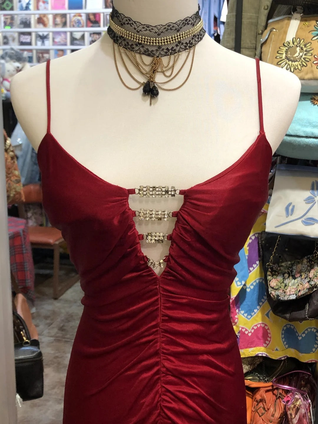 Burgundy Stunning Fashion Retro Elegant Exquisite Rhinestone Spaghetti Straps Long Satin Sexy Backless Prom Dress Evening Dress Birthday Party Dress gh4147