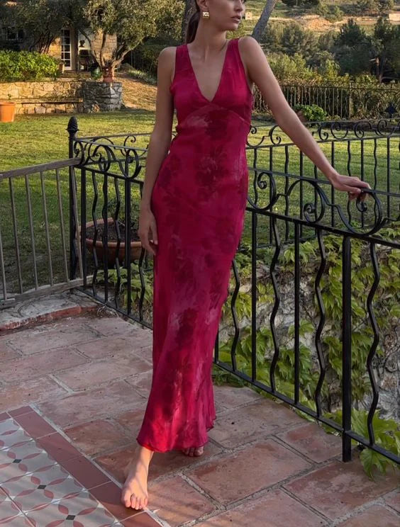 Pink Fashion Elegant Charming V Neck Floral Print Long Satin Ball Gown Evening Dress Holiday Party Dress gh3485