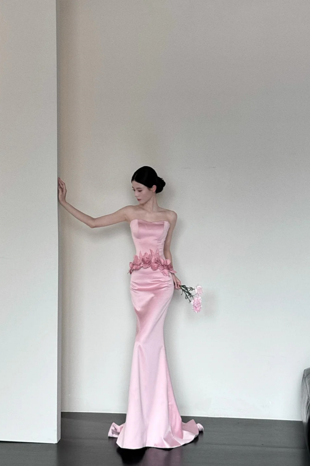 Pink Fashion Elegant Exquisite Floral Long Satin Corset Mermaid Slim Floor Length Train Ball Gown Evening Dress Party Dress Prom Dress gh3731