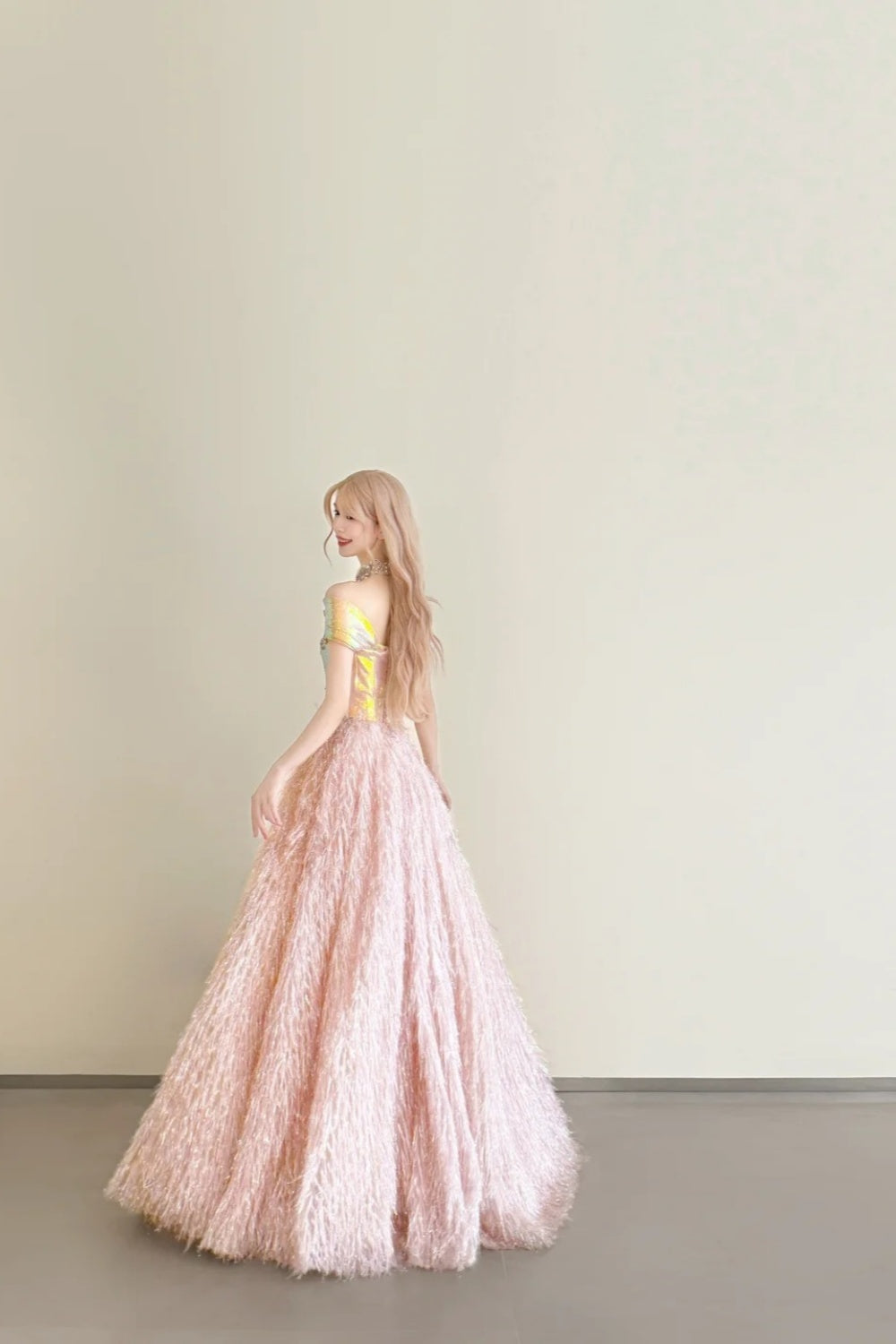 girlhomeshops-Vintage Pink-Gold Contrast Off-Shoulder Court Style Evening Gown gh6027