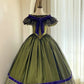 Olive Green Satin Off-the-shoulder Victorian Ball Gown: Satin Fabric, Velvet Floral Trim, Star-patterned Lace, Retro Ballgown Silhouette, Ball Formal Dress gh6734