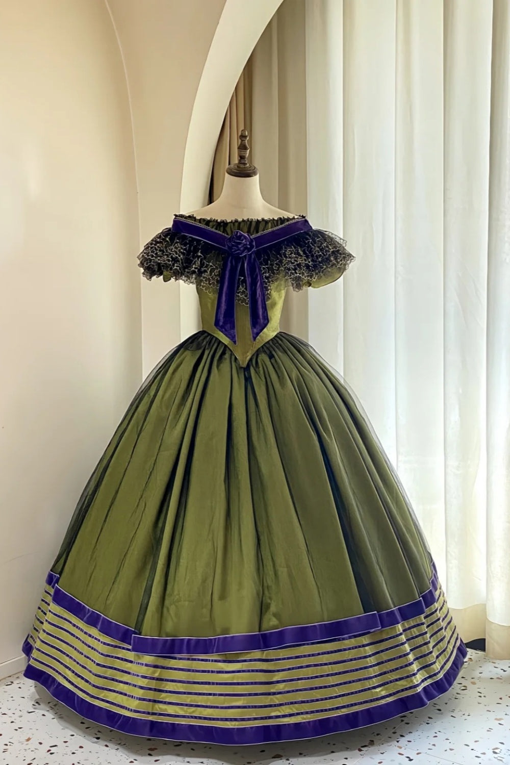 Olive Green Satin Off-the-shoulder Victorian Ball Gown: Satin Fabric, Velvet Floral Trim, Star-patterned Lace, Retro Ballgown Silhouette, Ball Formal Dress gh6734