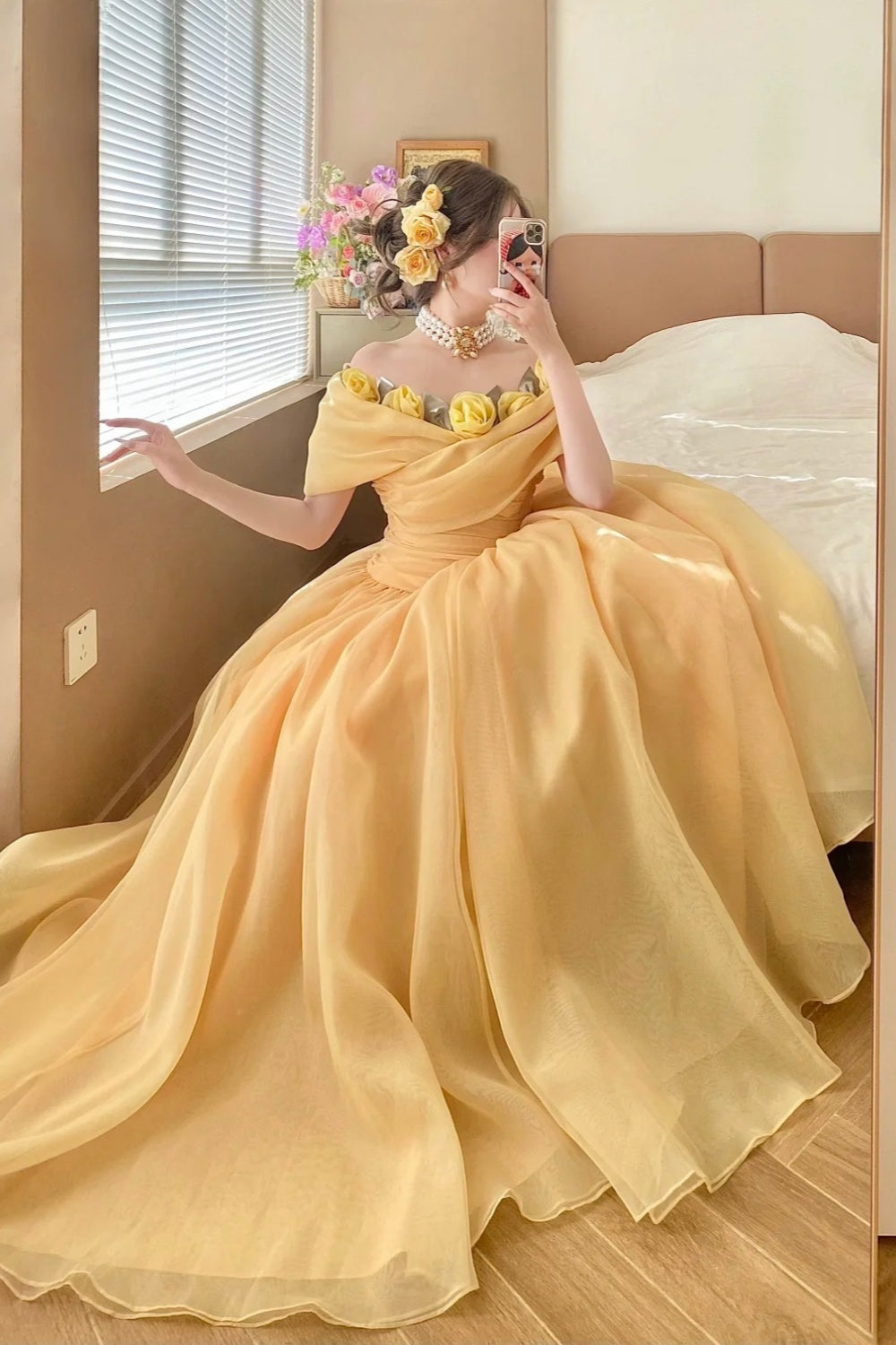 Cream Yellow Organza Off-the-shoulder Floor-length Ballgown 3D Rose Victorian Evening Dress gh6736