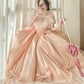 Peach Pink Satin Off-the-shoulder Lolita Victorian Ball Gown: Satin Fabric, Lace Bow Trim, Retro Ballgown Silhouette, Tea Party Formal Dress gh6735