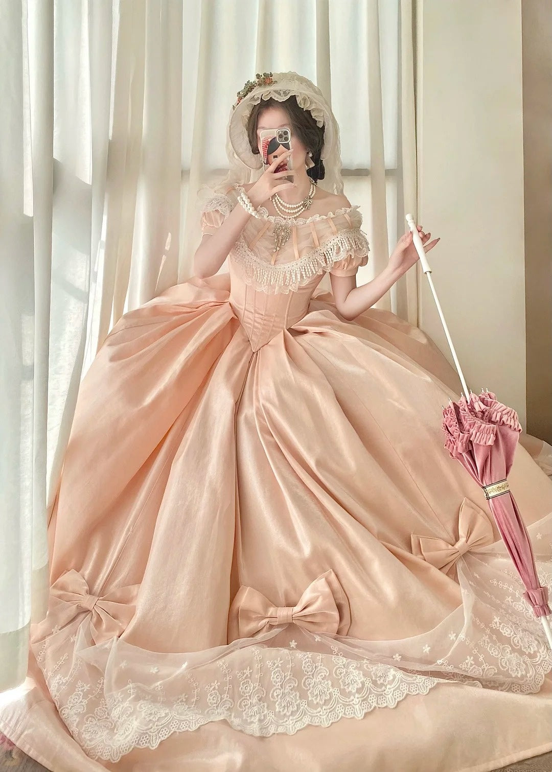 Peach Pink Satin Off-the-shoulder Lolita Victorian Ball Gown: Satin Fabric, Lace Bow Trim, Retro Ballgown Silhouette, Tea Party Formal Dress gh6735