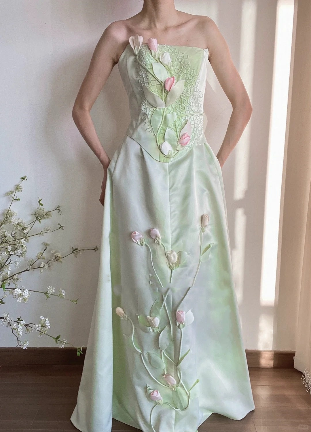 Girlhomeshops-🌷🌿Green tulip applique long satin floor-length Prom Dress evening dress gh5240