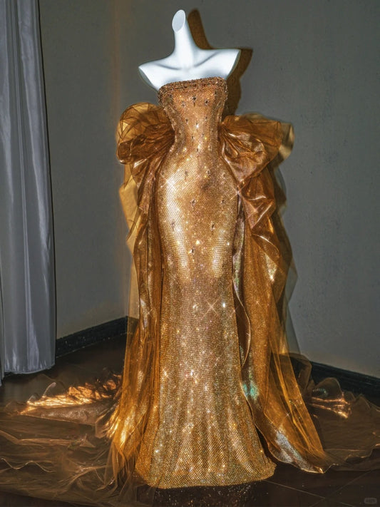 Girlhomeshops – Wunderschönes, funkelndes, exquisites, mit Perlen besetztes, langes Meerjungfrau-Ballkleid in Gold, gh5488