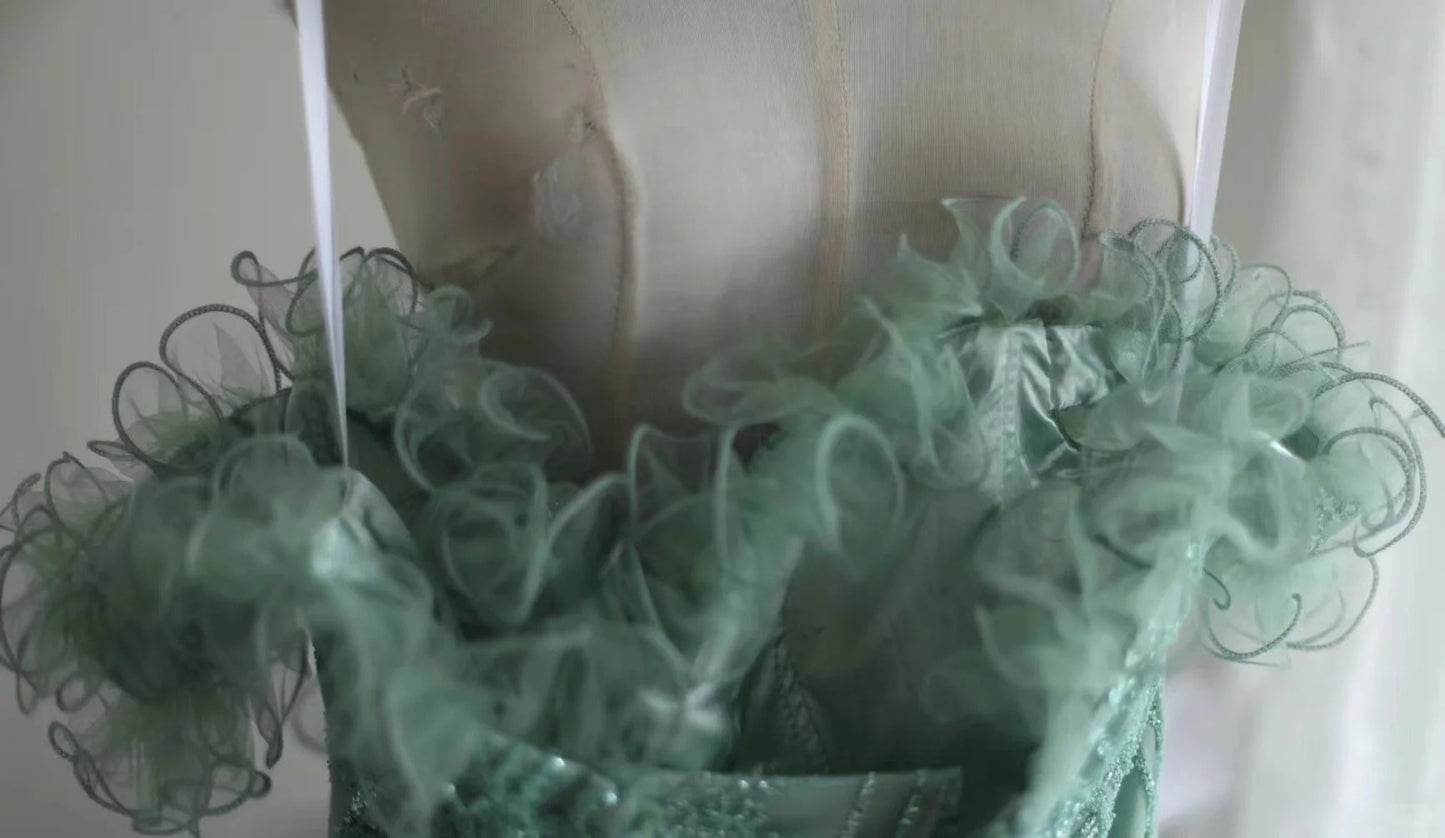 Green girl cute one shoulder flower bud print short princess dress adult birthday party homecoming dress gh4325