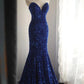 Robe de soirée bleu royal en queue de poisson, en velours, paillettes, perles, fente latérale, plissée, pour mariage, cérémonie, fête d'anniversaire, gh4326