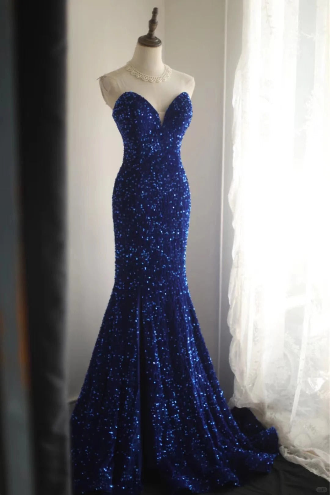 Robe de soirée bleu royal en queue de poisson, en velours, paillettes, perles, fente latérale, plissée, pour mariage, cérémonie, fête d'anniversaire, gh4326