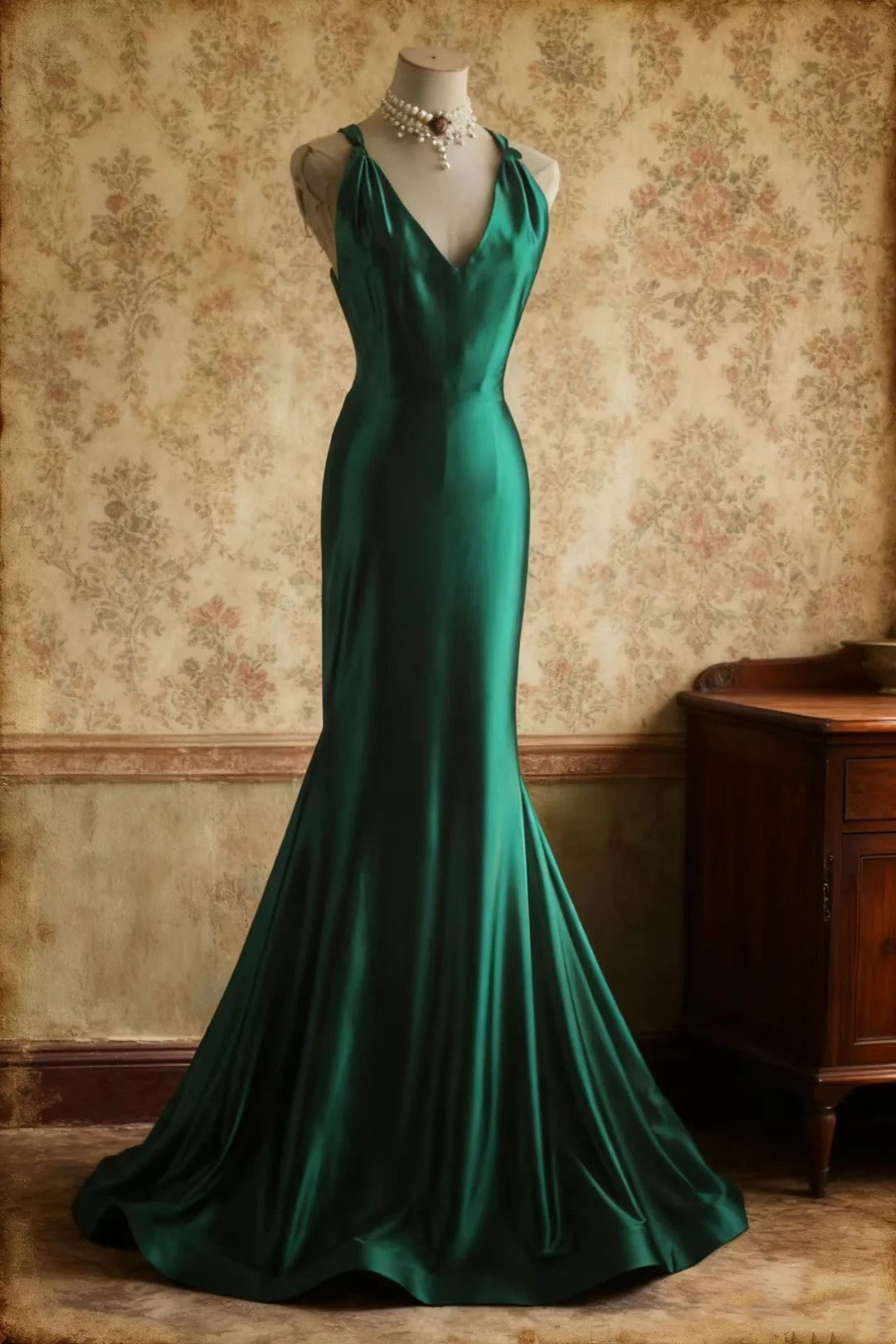girlhomeshops-Sleeveless Deep V - Neck Backless Dark Green Satin Mermaid Dress, Retro Elegant Slim - fitting Floor - length Evening Gown  gh5827