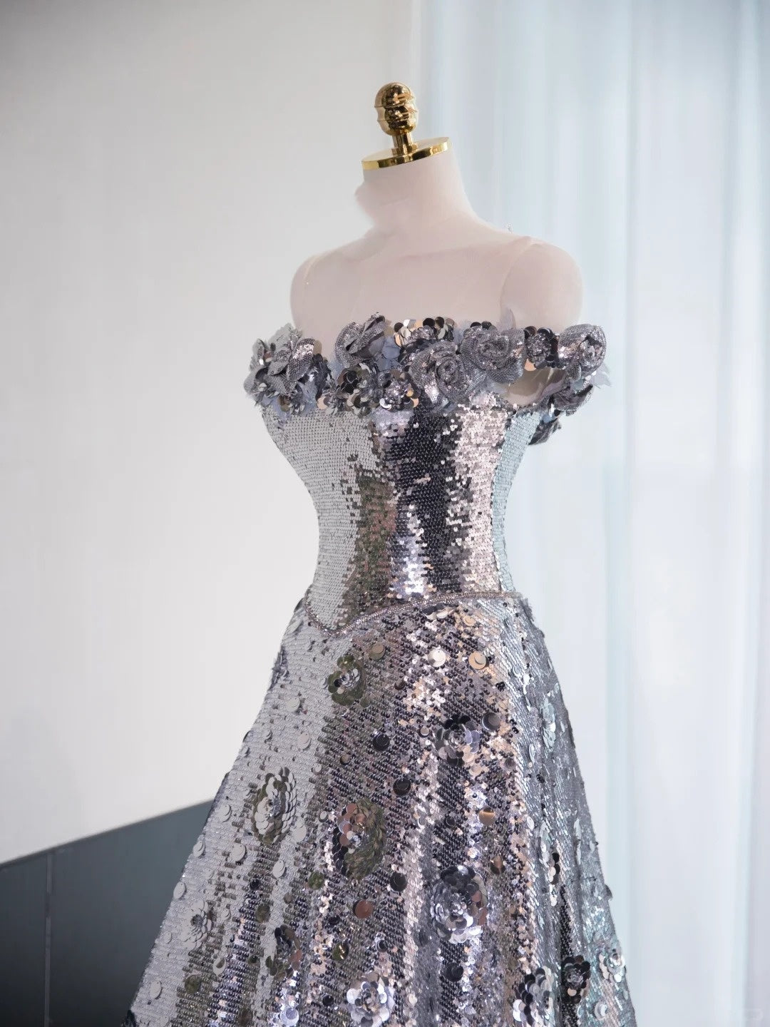 Robe de soirée longue et brillante argentée à paillettes, robe de bal, robe de remise de diplôme gh4550
