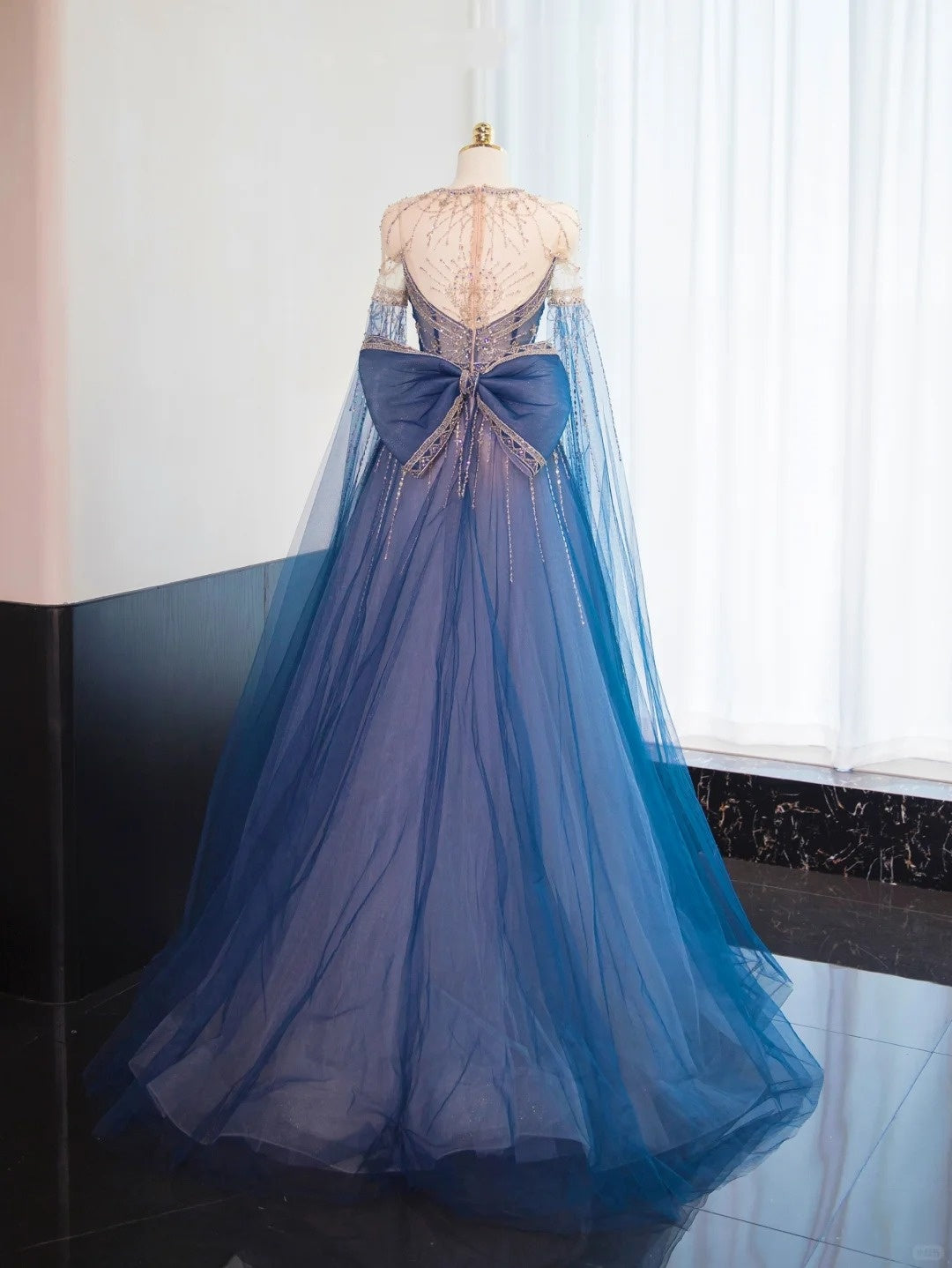 Robe de soirée longue en tulle bleu magnifique et brillant, perlée, longueur au sol, robe de bal, robe de remise de diplôme, gh4553