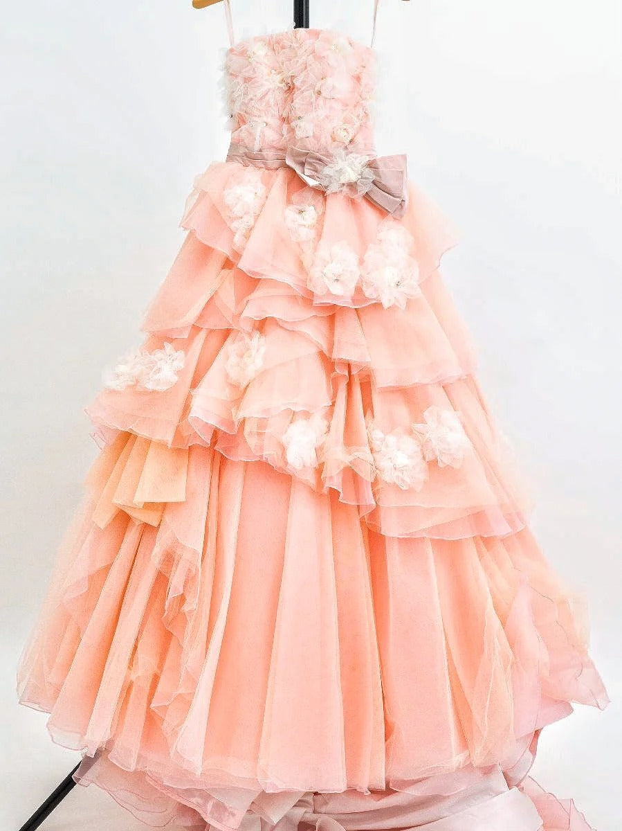 Girlhomeshops-Blue/Pink Floral Fashion Gorgeous Elegant Long Tiered Tulle Ball Gown gh5323