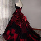 girlhomeshops-Burgundy-Black Paneled Shiny Satin Strapless Sleeveless Floor-Length Gothic Ball Gown gh6317