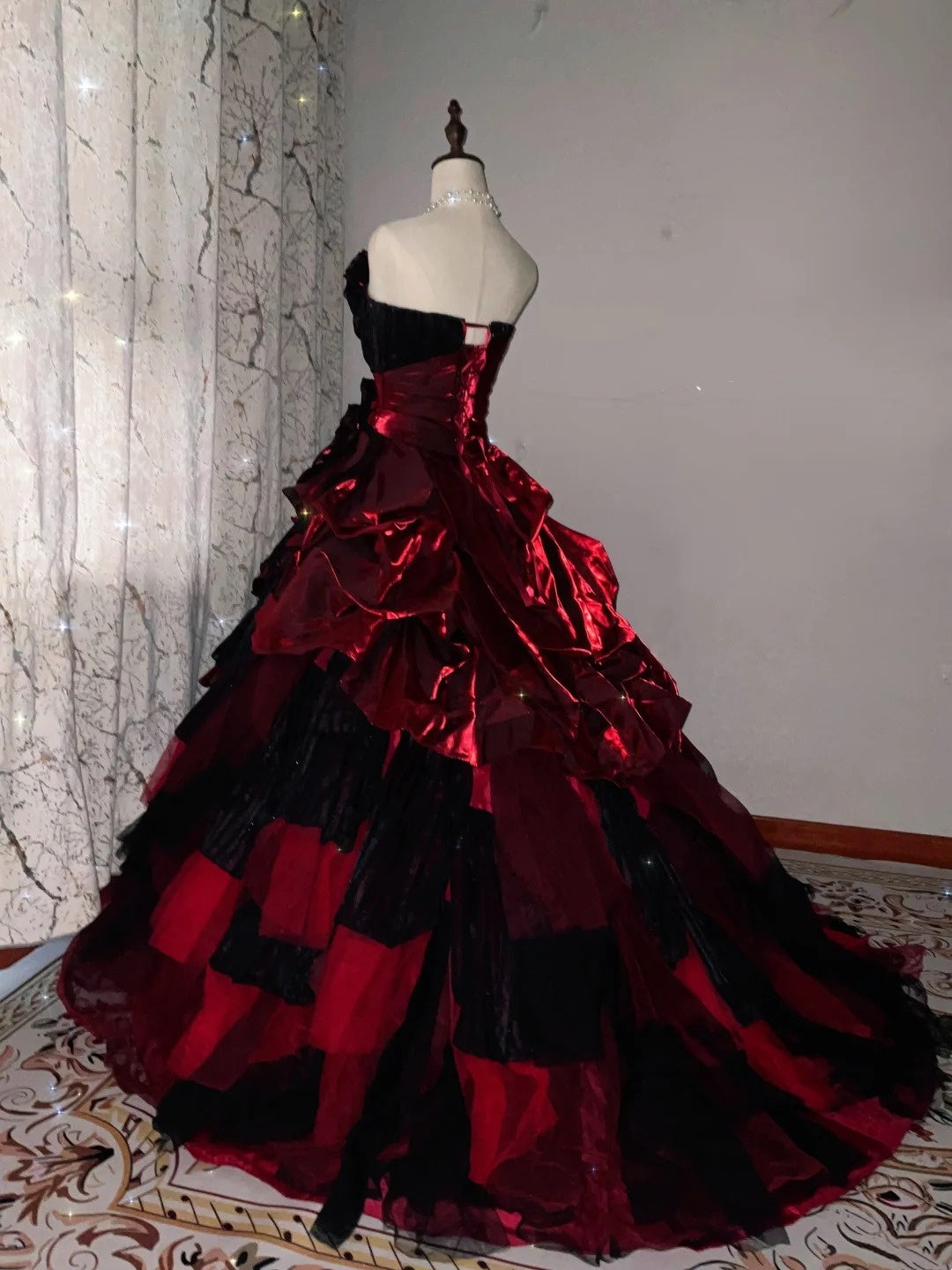 girlhomeshops-Burgundy-Black Paneled Shiny Satin Strapless Sleeveless Floor-Length Gothic Ball Gown gh6317