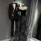 Girlhomeshops -Black shiny elegant long gold sequined tulle trailing ball gown evening gown graduation gown gh5108