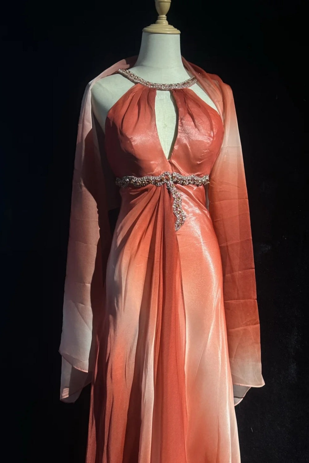 girlhomeshops-Orange Elegant Gradient Beaded Long Chiffon Prom Dress gh6246