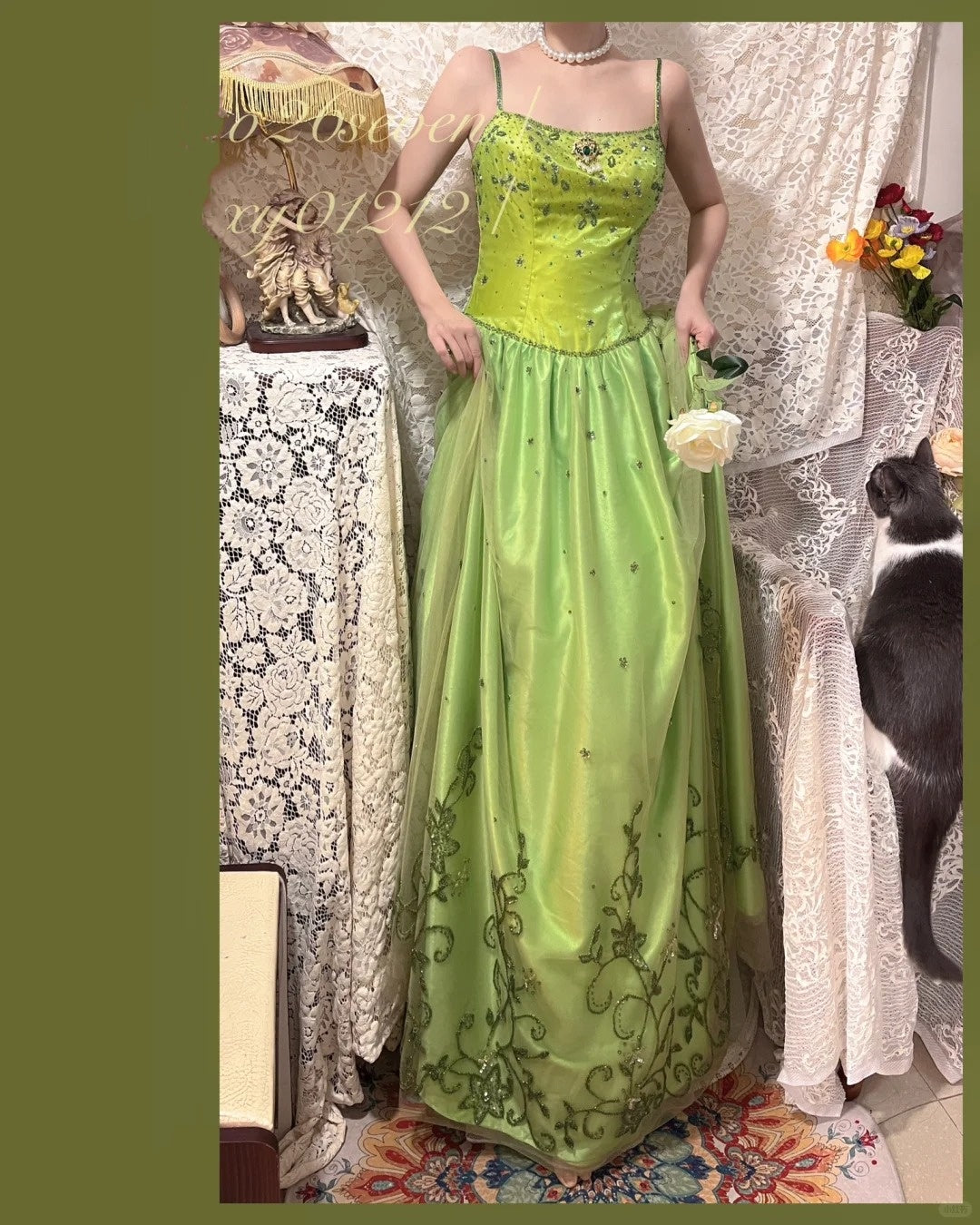 Green exquisite beaded vintage fashion floral long satin tulle ball gown evening dress gh4433