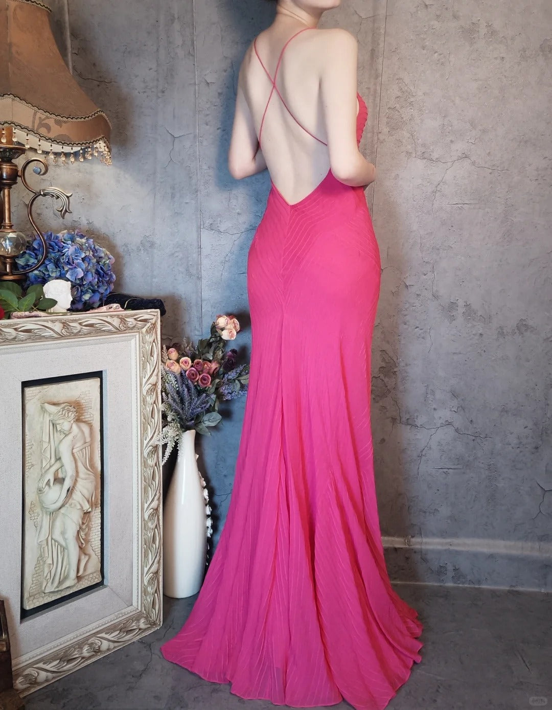 Beautiful rose pink vintage rose pink pleated craftsmanship retro elegant long chiffon prom dress evening dress party dress gh4807