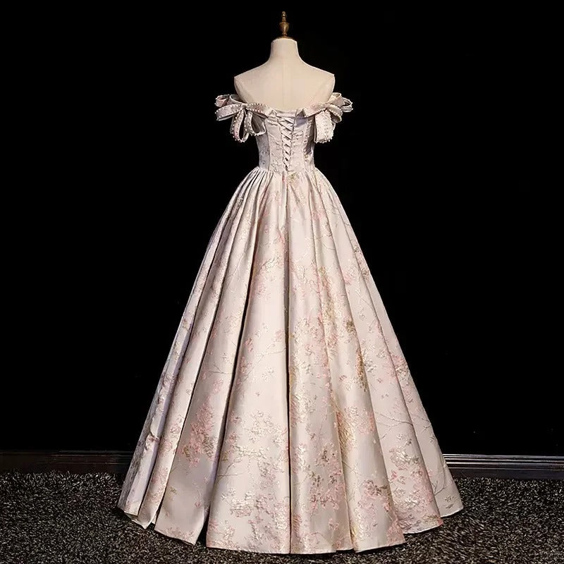 Girlhomeshops - Rosa, geblümtes, perlenbesetztes, langes, bodenlanges Ballkleid aus Satin mit Bindeband, gh5313